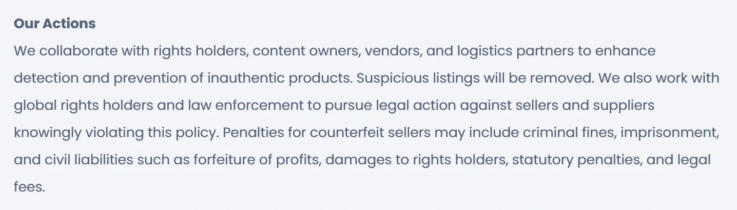 Screenshot of the Our Actions paragraph of RizzitGO's Anti-Counterfeiting Policy, on working with rights holders, removing suspicious listings and penalties for counterfeit sellers.