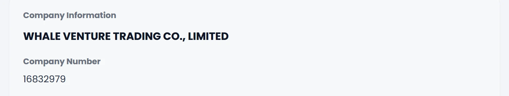 Screenshot of the company information card on RizzitGO's Contact Us page: WHALE VENTURE TRADING CO., LIMITED, company number 16832979.