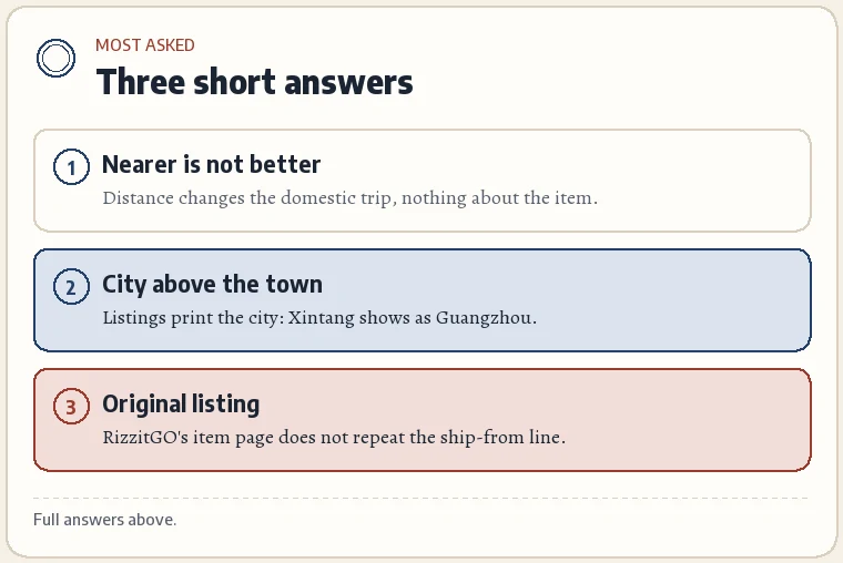 A card repeating the three most asked questions in short: nearer is not better; the listing shows the city above the town; read the line on the original listing.