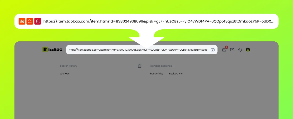 Screenshot from RizzitGO's How It Works page: Method 1, a mock-up of copying a Taobao product link and pasting it into the RizzitGO search box.
