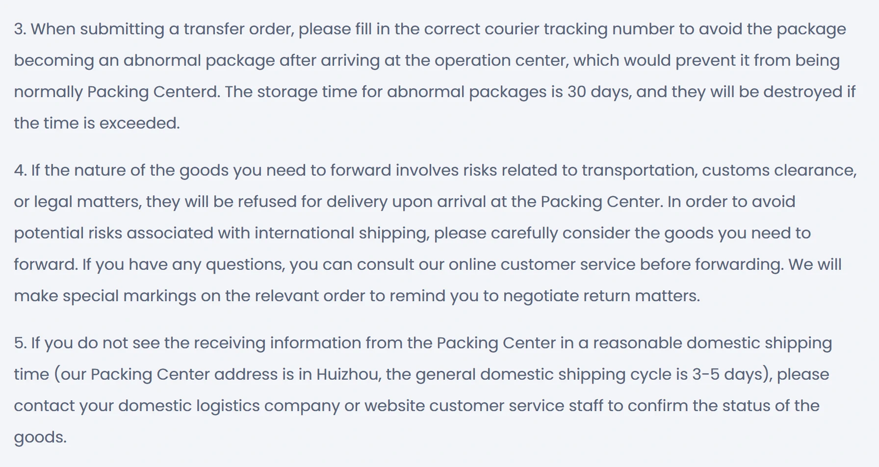 Screenshot of RizzitGO's Parcel Forwarding Inspection Rules: the signing and inspection rules, ending with rule 5, which places the Packing Center in Huizhou and calls the general domestic shipping cycle 3-5 days.