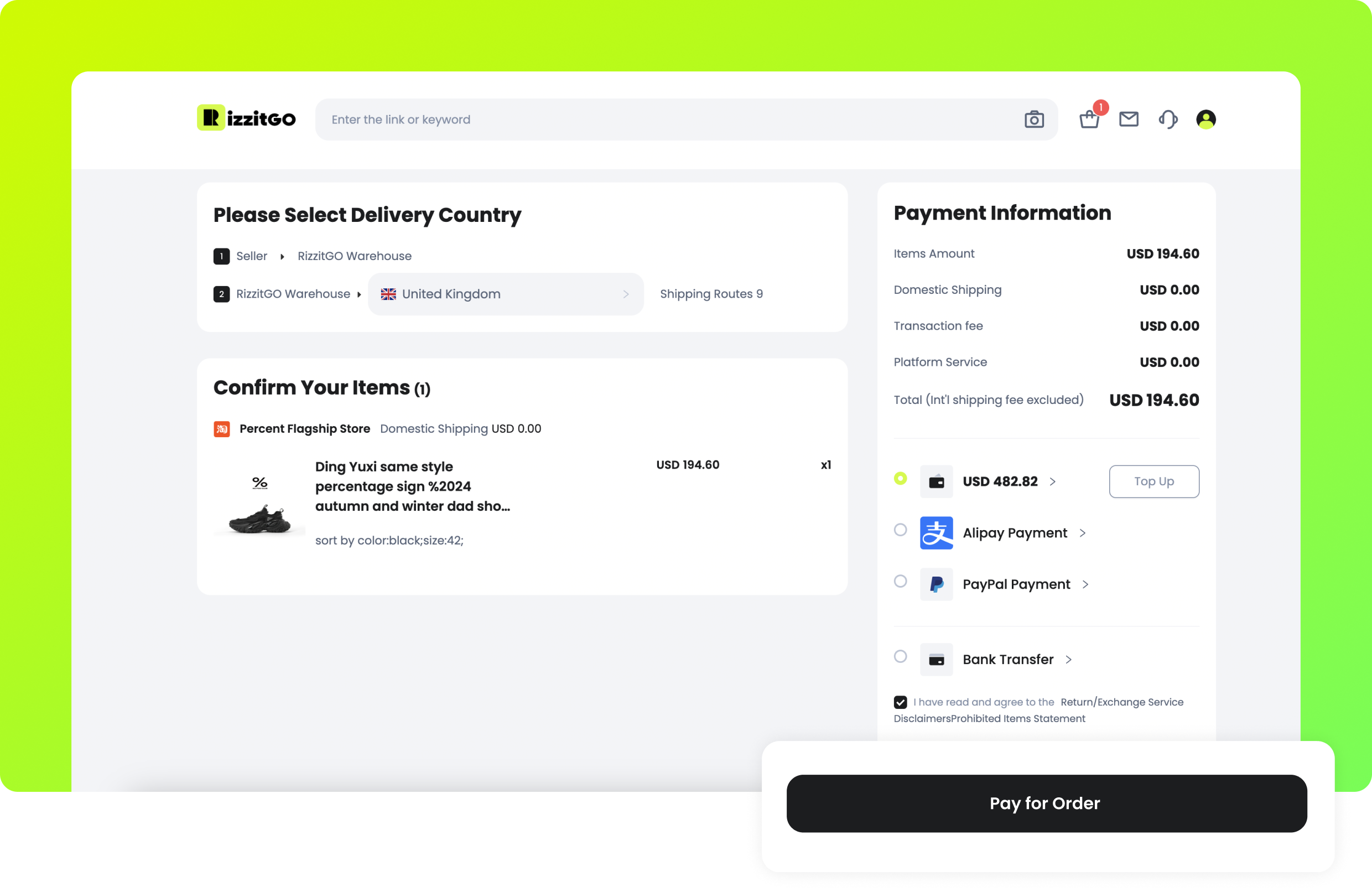 Review the goods checkout—prices and payment options are example UI