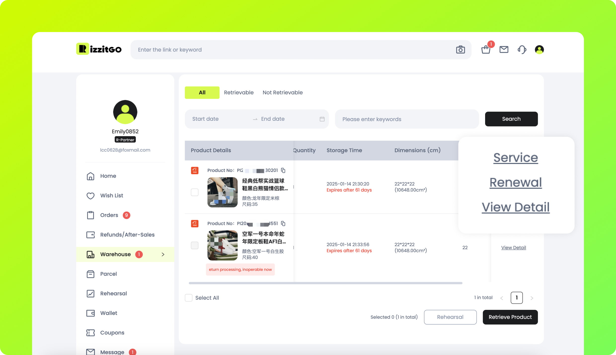 Warehouse Service, Renewal and View Detail controls