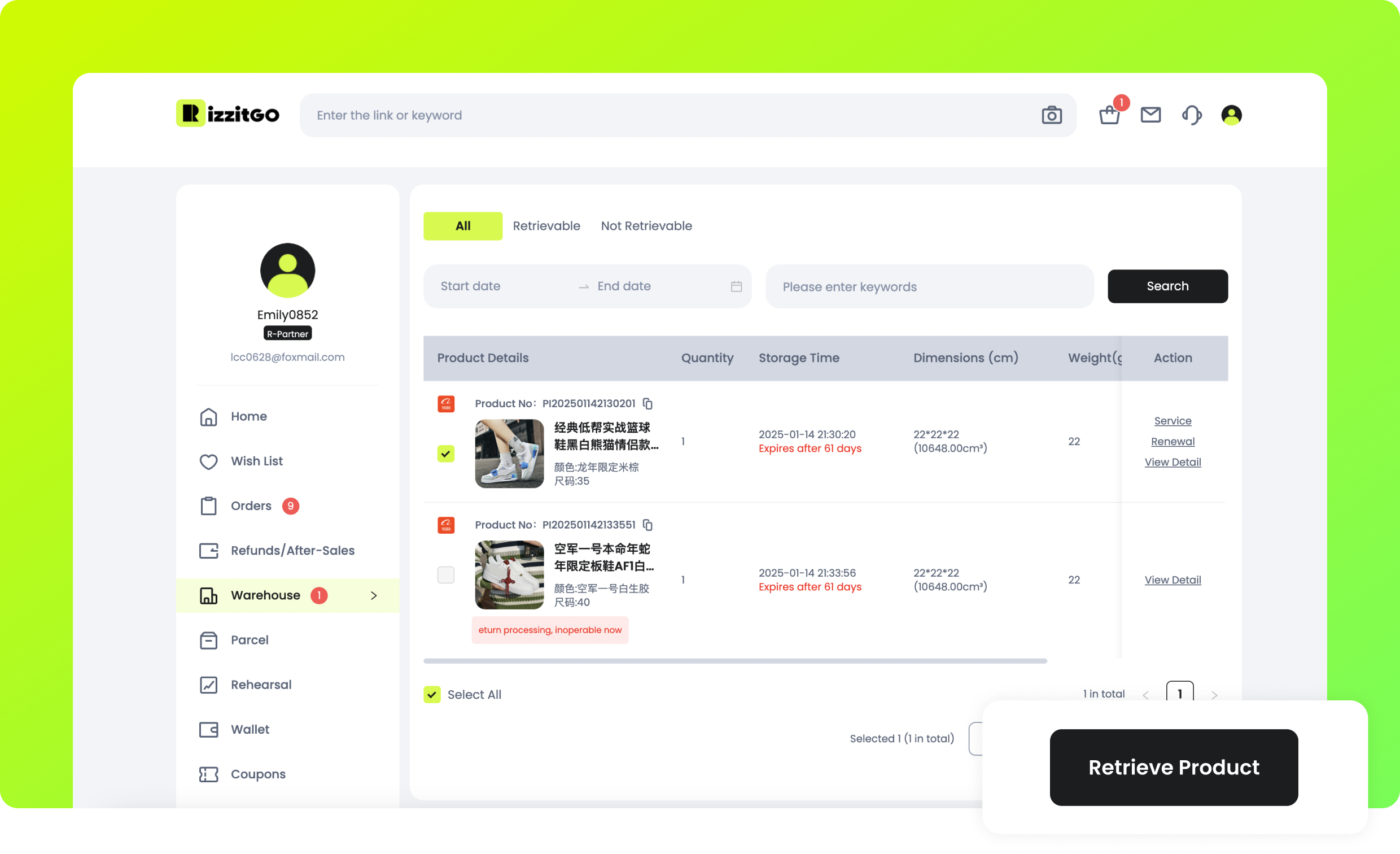 Selected warehouse items and Retrieve Product